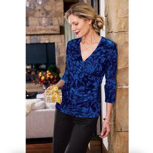 Soft‎ Surroundings Sz 1X Velvet Alyssa Knit Top Blue Wrap Floral Fairy Regency